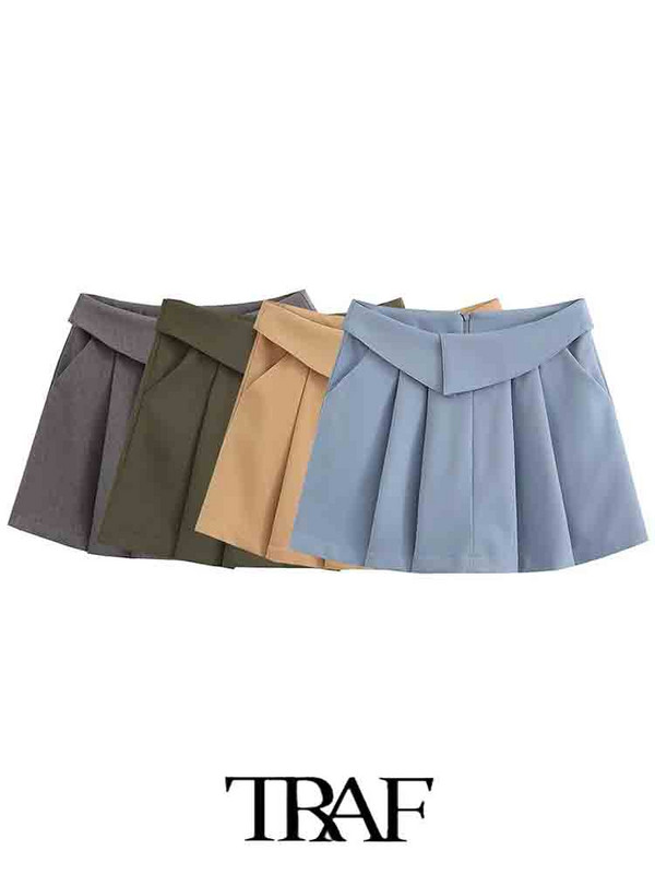 TRAF 2023 sieviešu svārki, jauni, četrkrāsu virpoti vidukļa svārki, plati kroku svārki Sieviešu biroja dāmu vasaras sieviešu svārki