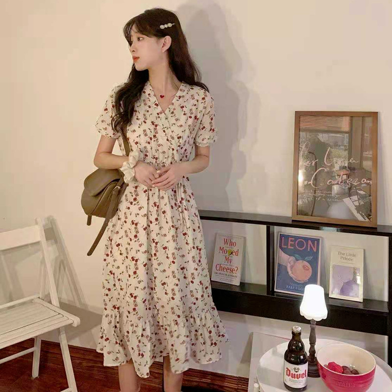 Suknelė Moteriška Korėjietiška Saldus Stilius Gėlėtas V formos kaklelis Fėjos Laisvalaikis Merginos Mielos Išlenktais kraštais Visoms tinka prerijos Prašmatnus Pilvas Elegantiškas paauglys