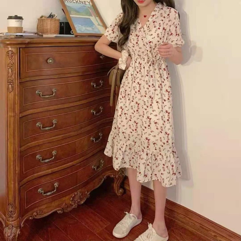 Suknelė Moteriška Korėjietiška Saldus Stilius Gėlėtas V formos kaklelis Fėjos Laisvalaikis Merginos Mielos Išlenktais kraštais Visoms tinka prerijos Prašmatnus Pilvas Elegantiškas paauglys