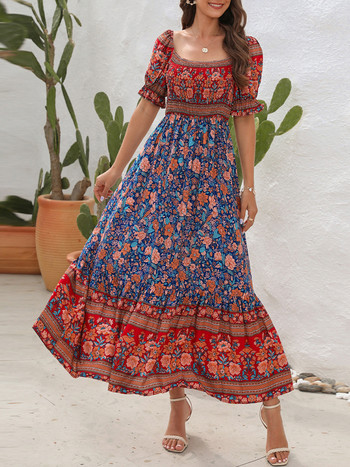 Boho Floral Print Μακρύ Φόρεμα Γυναικεία Summer Beach Sundress Κοντό μανίκι τετράγωνο λαιμό βολάν Πλισέ Φόρεμα Bohemian casual φορέματα