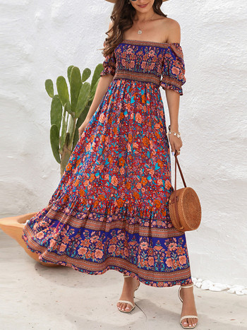 Boho Floral Print Μακρύ Φόρεμα Γυναικεία Summer Beach Sundress Κοντό μανίκι τετράγωνο λαιμό βολάν Πλισέ Φόρεμα Bohemian casual φορέματα