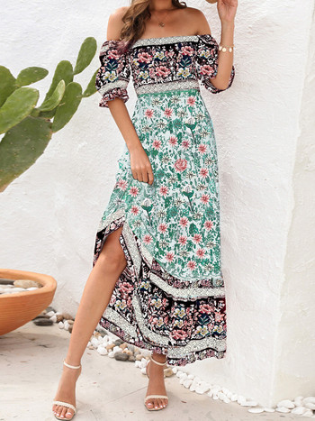 Boho Floral Print Μακρύ Φόρεμα Γυναικεία Summer Beach Sundress Κοντό μανίκι τετράγωνο λαιμό βολάν Πλισέ Φόρεμα Bohemian casual φορέματα