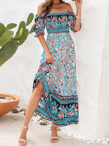 Boho Floral Print Μακρύ Φόρεμα Γυναικεία Summer Beach Sundress Κοντό μανίκι τετράγωνο λαιμό βολάν Πλισέ Φόρεμα Bohemian casual φορέματα