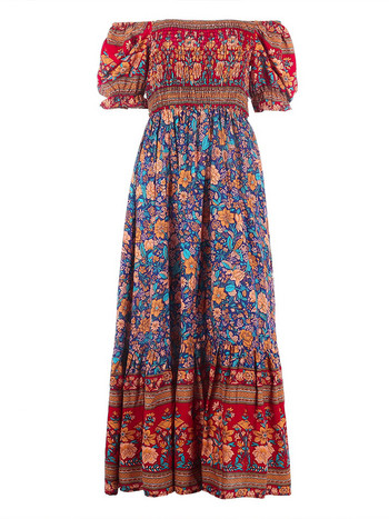 Boho Floral Print Μακρύ Φόρεμα Γυναικεία Summer Beach Sundress Κοντό μανίκι τετράγωνο λαιμό βολάν Πλισέ Φόρεμα Bohemian casual φορέματα