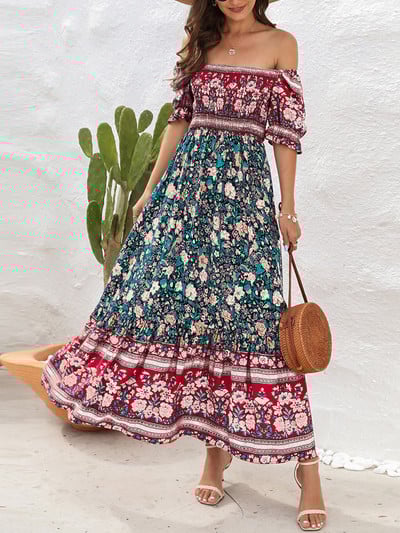 Boho virágmintás hosszú ruha Női Nyári Beach Sundress Rövid ujjú, négyzet alakú nyakú, fodros redős ruha Bohém alkalmi ruhák