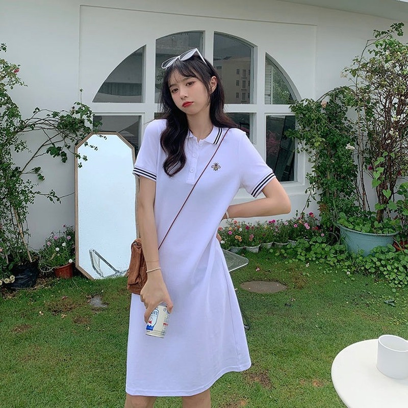 Dámske šaty leto 2023, nové úzke šaty s golierom POLO, krátkym rukávom, elegantné biele ležérne tričko s sukňou, priliehavé šaty