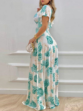 Floral print Flare κοντό μανίκι V Ncek Casual Maxi Γυναικείο φόρεμα