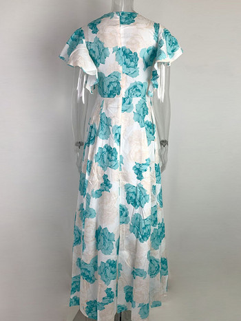 Floral print Flare κοντό μανίκι V Ncek Casual Maxi Γυναικείο φόρεμα