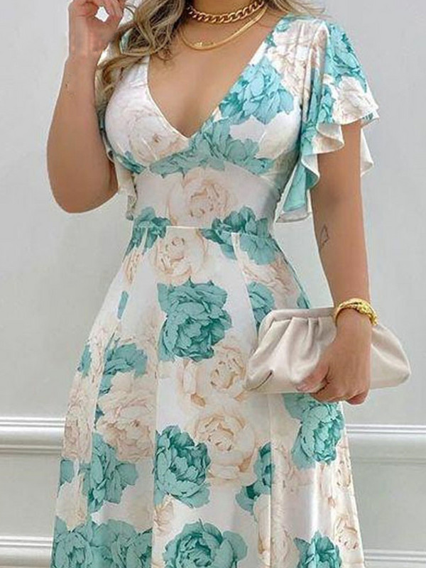 Ziedu apdruka Flare īsām piedurknēm V Ncek ikdienas maxi kleita sievietēm