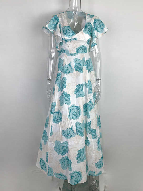 Ziedu apdruka Flare īsām piedurknēm V Ncek ikdienas maxi kleita sievietēm