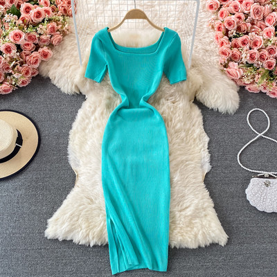 Hikigawa elegáns divatos női ruha tömör, négyzet alakú galléros rövid ujjú, vékony derékú, hasított kötött női ruhák Vestidos Mujer