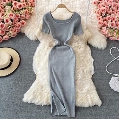 Hikigawa elegáns divatos női ruha tömör, négyzet alakú galléros rövid ujjú, vékony derékú, hasított kötött női ruhák Vestidos Mujer