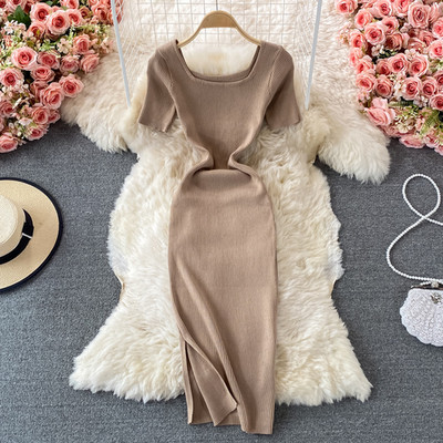 Hikigawa elegáns divatos női ruha tömör, négyzet alakú galléros rövid ujjú, vékony derékú, hasított kötött női ruhák Vestidos Mujer