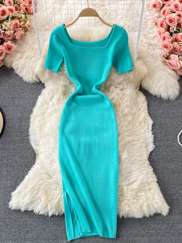 Hikigawa elegáns divatos női ruha tömör, négyzet alakú galléros rövid ujjú, vékony derékú, hasított kötött női ruhák Vestidos Mujer