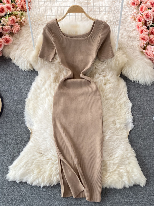 Hikigawa elegáns divatos női ruha tömör, négyzet alakú galléros rövid ujjú, vékony derékú, hasított kötött női ruhák Vestidos Mujer