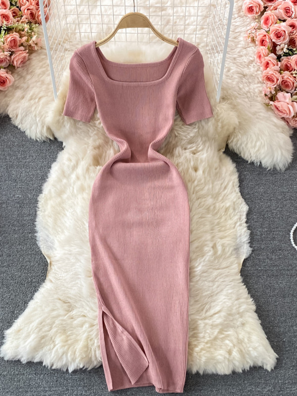 Hikigawa elegáns divatos női ruha tömör, négyzet alakú galléros rövid ujjú, vékony derékú, hasított kötött női ruhák Vestidos Mujer