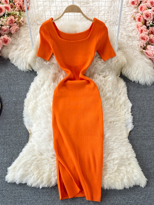 Hikigawa elegáns divatos női ruha tömör, négyzet alakú galléros rövid ujjú, vékony derékú, hasított kötött női ruhák Vestidos Mujer