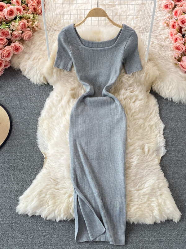 Hikigawa elegáns divatos női ruha tömör, négyzet alakú galléros rövid ujjú, vékony derékú, hasított kötött női ruhák Vestidos Mujer