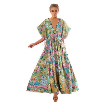 Boho Peacock Maxi Φόρεμα V λαιμόκοψη με κοντό μανίκι ρεγιόν βαμβακερό Bohemian μακριά Vestidos Γυναικείες φούντες Άνοιξη Καλοκαίρι Νέα Γυναικεία Φορέματα