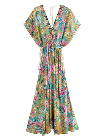 Boho Peacock Maxi Φόρεμα V λαιμόκοψη με κοντό μανίκι ρεγιόν βαμβακερό Bohemian μακριά Vestidos Γυναικείες φούντες Άνοιξη Καλοκαίρι Νέα Γυναικεία Φορέματα