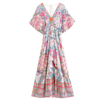 Boho Peacock Maxi kleita ar V kakla izgriezumu ar īsām piedurknēm viskozes kokvilnas bohēmijas garās Vestidos sievietēm Pušķi Pavasaris Vasaras Jaunas Sieviešu kleitas