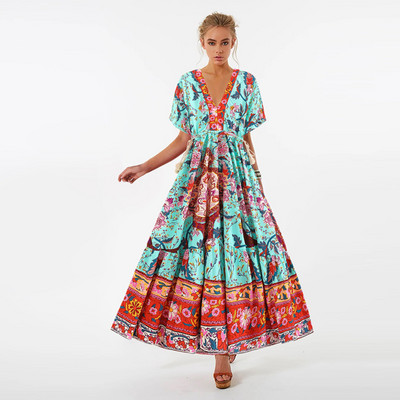 Boho Peacock Maxi kleita ar V kakla izgriezumu ar īsām piedurknēm viskozes kokvilnas bohēmijas garās Vestidos sievietēm Pušķi Pavasaris Vasaras Jaunas Sieviešu kleitas