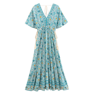 Boho Peacock Maxi kleita ar V kakla izgriezumu ar īsām piedurknēm viskozes kokvilnas bohēmijas garās Vestidos sievietēm Pušķi Pavasaris Vasaras Jaunas Sieviešu kleitas