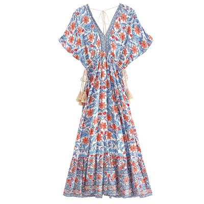 Boho Peacock Maxi kleita ar V kakla izgriezumu ar īsām piedurknēm viskozes kokvilnas bohēmijas garās Vestidos sievietēm Pušķi Pavasaris Vasaras Jaunas Sieviešu kleitas