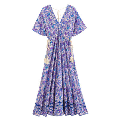 Boho Peacock Maxi kleita ar V kakla izgriezumu ar īsām piedurknēm viskozes kokvilnas bohēmijas garās Vestidos sievietēm Pušķi Pavasaris Vasaras Jaunas Sieviešu kleitas