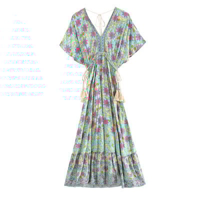 Boho Peacock Maxi kleita ar V kakla izgriezumu ar īsām piedurknēm viskozes kokvilnas bohēmijas garās Vestidos sievietēm Pušķi Pavasaris Vasaras Jaunas Sieviešu kleitas