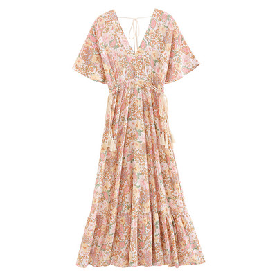 Boho Peacock Maxi kleita ar V kakla izgriezumu ar īsām piedurknēm viskozes kokvilnas bohēmijas garās Vestidos sievietēm Pušķi Pavasaris Vasaras Jaunas Sieviešu kleitas