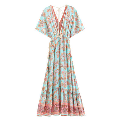 Boho Peacock Maxi kleita ar V kakla izgriezumu ar īsām piedurknēm viskozes kokvilnas bohēmijas garās Vestidos sievietēm Pušķi Pavasaris Vasaras Jaunas Sieviešu kleitas