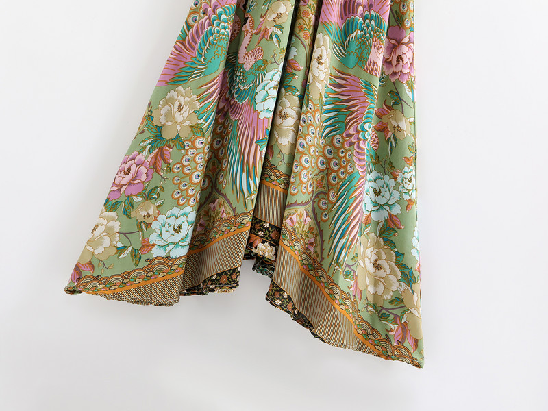 Boho Peacock Maxi kleita ar V kakla izgriezumu ar īsām piedurknēm viskozes kokvilnas bohēmijas garās Vestidos sievietēm Pušķi Pavasaris Vasaras Jaunas Sieviešu kleitas