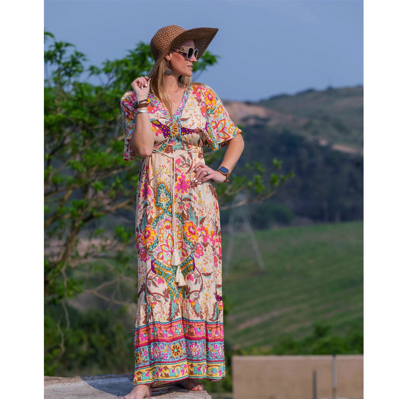 Boho Peacock Maxi kleita ar V kakla izgriezumu ar īsām piedurknēm viskozes kokvilnas bohēmijas garās Vestidos sievietēm Pušķi Pavasaris Vasaras Jaunas Sieviešu kleitas