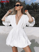 OOTN divatos alkalmi rövid ruhák női 2022-es lámpás ujjú, V-nyakú szexi fehér ruha nyári elegáns, redőzött A-vonalú női ruha