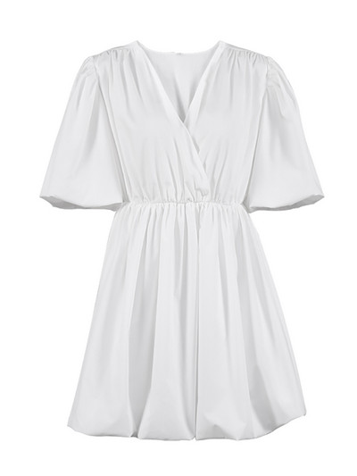 OOTN divatos alkalmi rövid ruhák női 2022-es lámpás ujjú, V-nyakú szexi fehér ruha nyári elegáns, redőzött A-vonalú női ruha