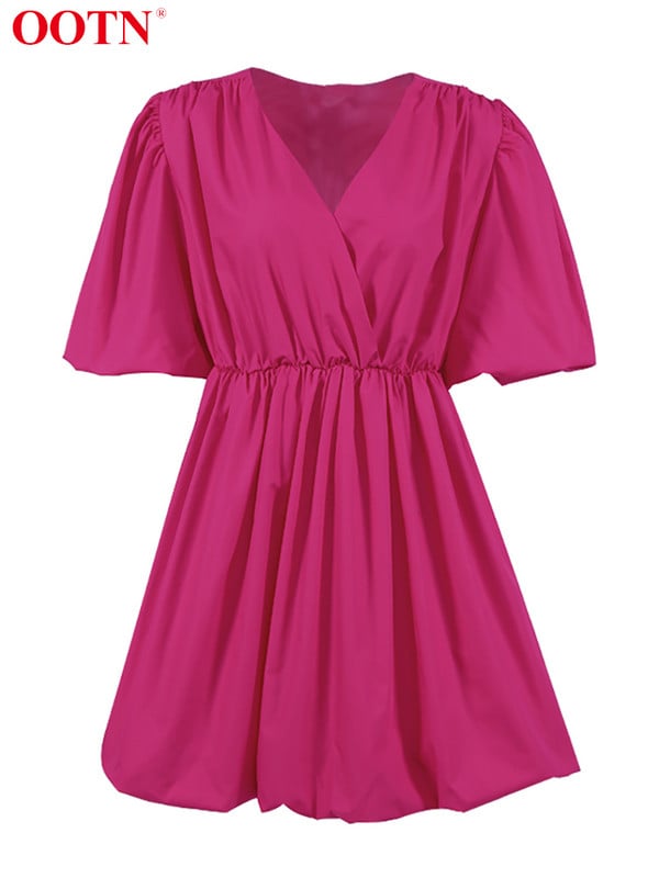 OOTN divatos alkalmi rövid ruhák női 2022-es lámpás ujjú, V-nyakú szexi fehér ruha nyári elegáns, redőzött A-vonalú női ruha