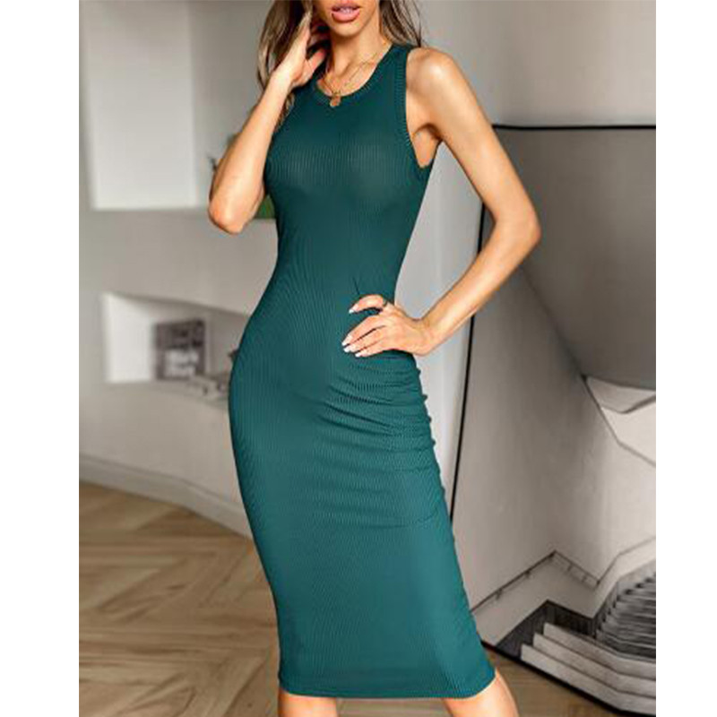 Szexi, oldalra osztott midi ruha Női Party Club Ujjatlan pamut tömör ruhák Divatos nyári utcai női napruha G1760