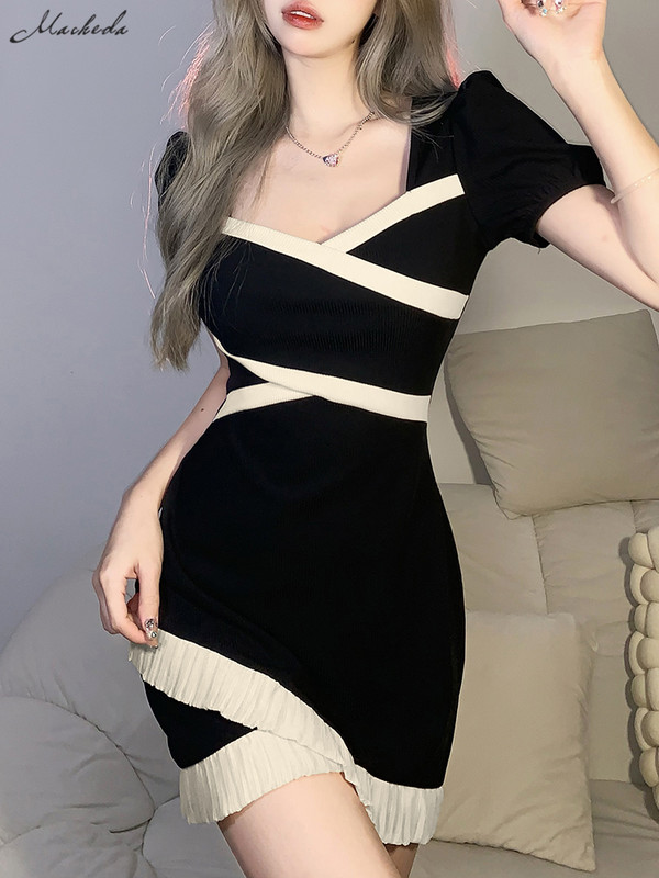 Mecheda Retro kontrastses värvis ruudukujuline krae minikleit naistele suvine nišš Babes Šikk õhuke lühikeste varrukatega õhuke seelik Daami tänavarõivad