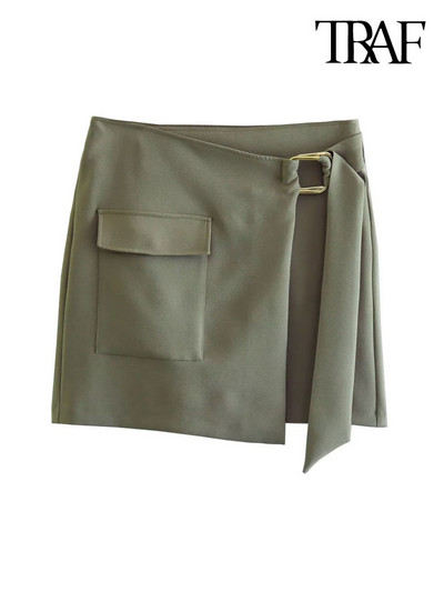TRAF Femei Fashion Front Platch Buzunar Wrap Mini Fusta Vintage Talie Inalta Cu Curea Femei Fuste Mujer