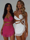 TEMUSCOLA Μίνι γυναικείο φόρεμα με βολάν με κούφιο βολάν V λαιμό λουράκι Σπαγγέτι ακανόνιστη πλάτη ακανόνιστη σέξι κορμάκι Λευκά καλοκαιρινά φορέματα Γυναικεία