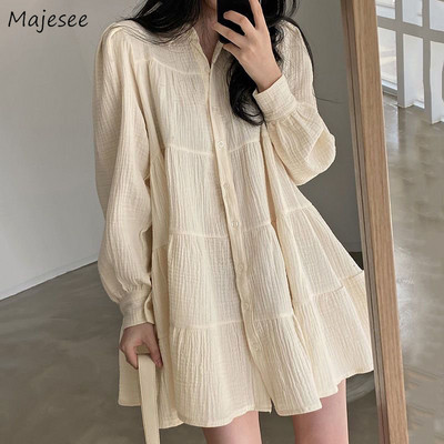 Rochii Femei Pliuri Baggy Spring Ins Stil coreean Chic Simple Temperament Single Breasted Fashion Vintage Sweet Tender College