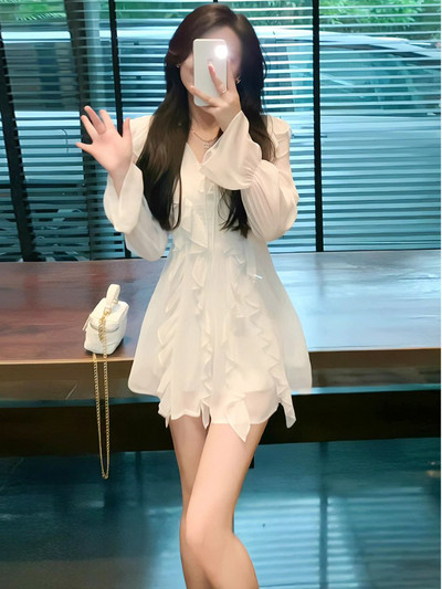 Fehér ruhák Női Mini Fodor Temper Flare Ujj Tömör Princess Alkalmi francia Stílus Gyengéd Tavaszi Elegáns Teljesen passzoló Puha Édes