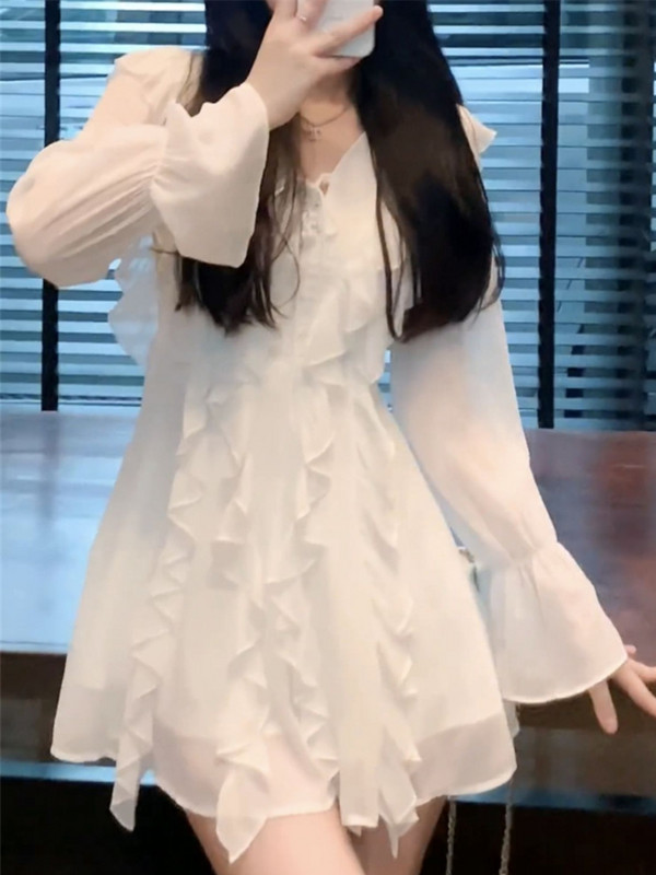 Fehér ruhák Női Mini Fodor Temper Flare Ujj Tömör Princess Alkalmi francia Stílus Gyengéd Tavaszi Elegáns Teljesen passzoló Puha Édes