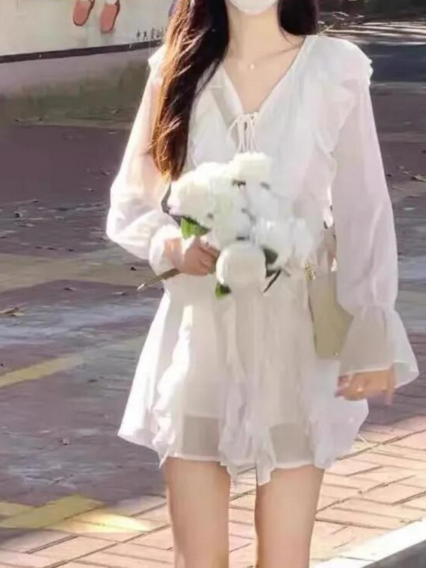 Fehér ruhák Női Mini Fodor Temper Flare Ujj Tömör Princess Alkalmi francia Stílus Gyengéd Tavaszi Elegáns Teljesen passzoló Puha Édes