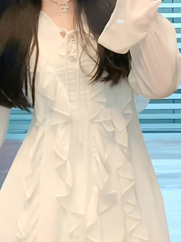 Fehér ruhák Női Mini Fodor Temper Flare Ujj Tömör Princess Alkalmi francia Stílus Gyengéd Tavaszi Elegáns Teljesen passzoló Puha Édes