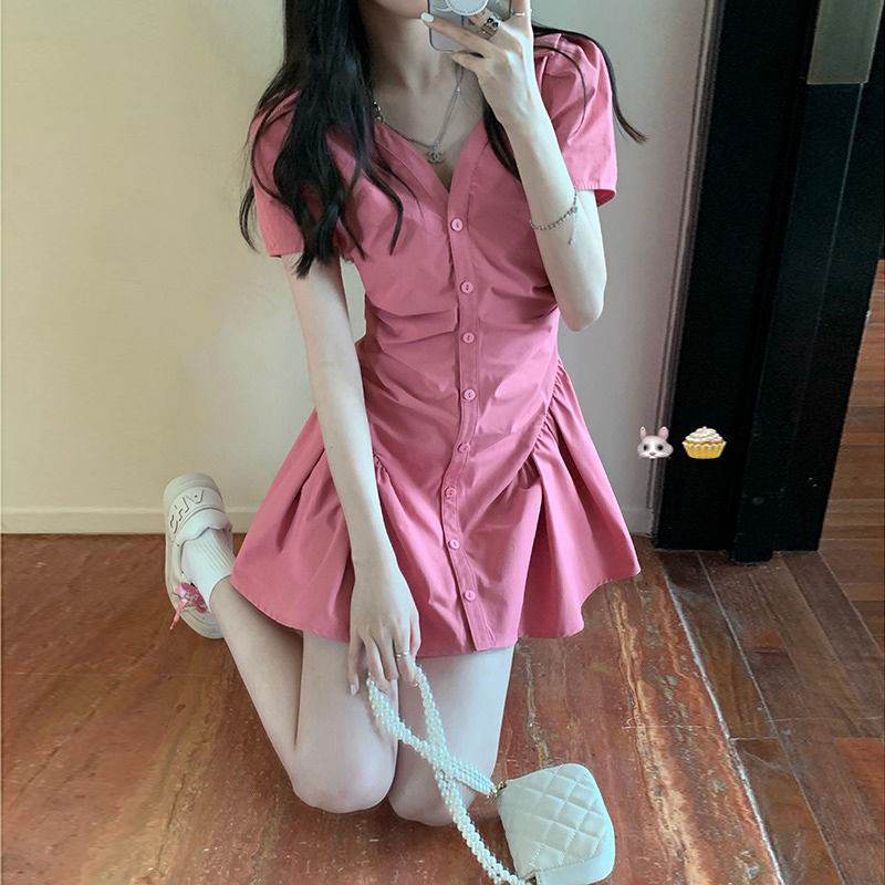 Női ruha Tömör A-vonalú V-nyakú tengerparti nyaralás rövid ujjú nyári koreai stílus Minden meccs alkalmi Vestido édes, elegáns új, meleg