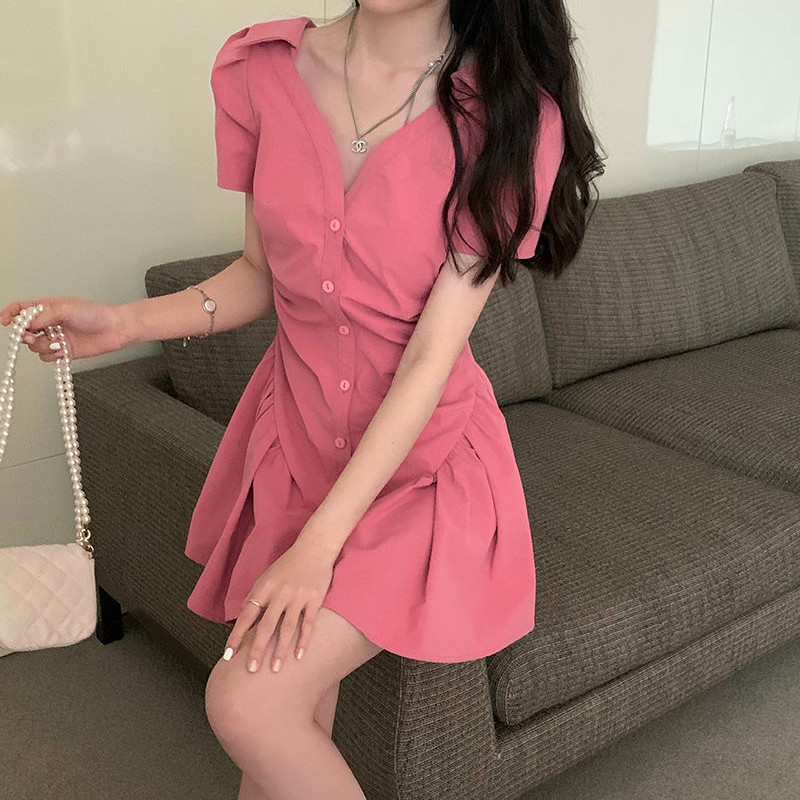 Női ruha Tömör A-vonalú V-nyakú tengerparti nyaralás rövid ujjú nyári koreai stílus Minden meccs alkalmi Vestido édes, elegáns új, meleg