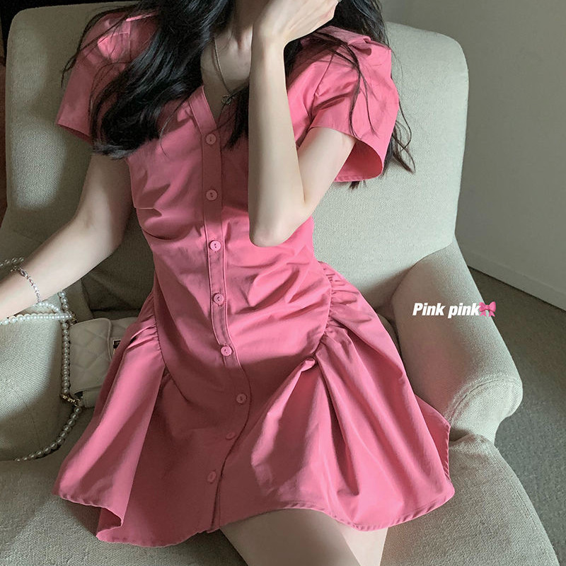 Női ruha Tömör A-vonalú V-nyakú tengerparti nyaralás rövid ujjú nyári koreai stílus Minden meccs alkalmi Vestido édes, elegáns új, meleg