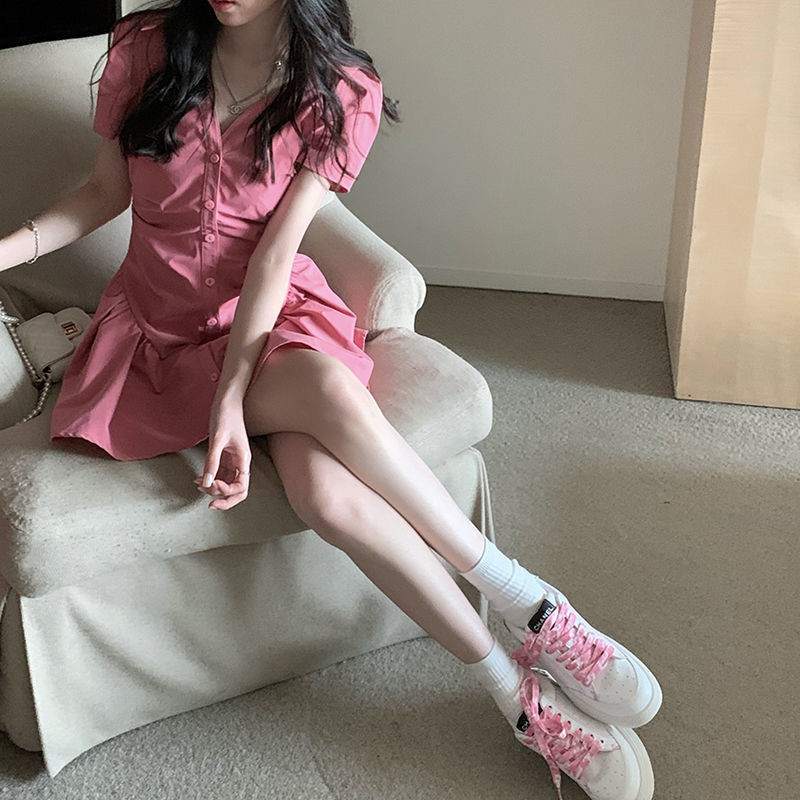 Női ruha Tömör A-vonalú V-nyakú tengerparti nyaralás rövid ujjú nyári koreai stílus Minden meccs alkalmi Vestido édes, elegáns új, meleg